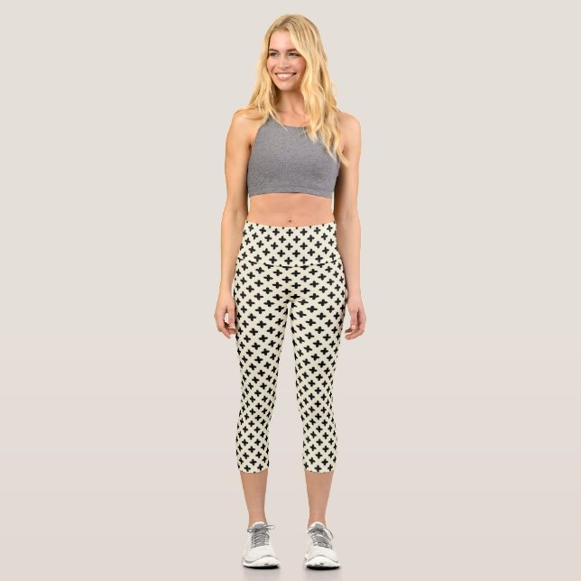 Handgezeichnete Quatrefolie gemustert schwarz, wei Capri Leggings (Vorderseite)