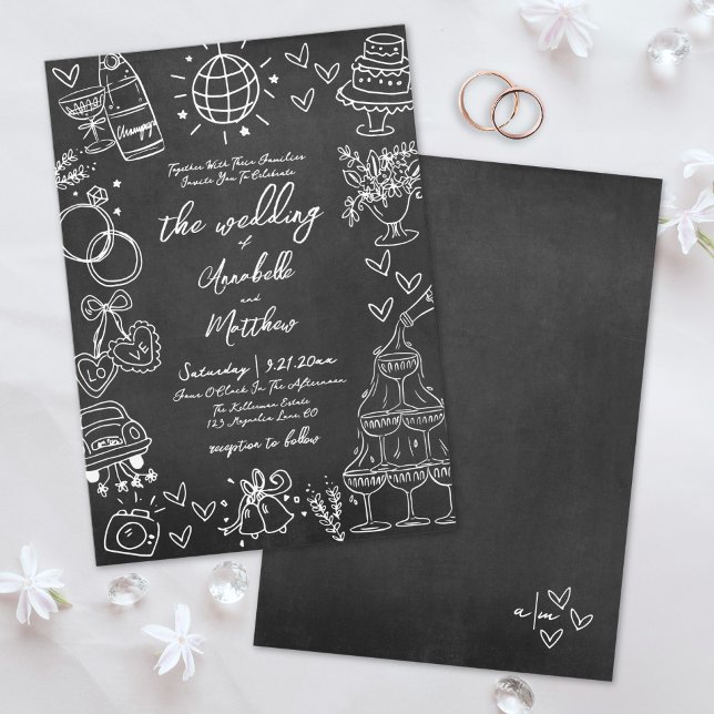 Handgezeichnete Quirky Chalkboard Whimsical Weddin Einladung (Hand Drawn Quirky Chalkboard Whimsical Wedding Invitation)