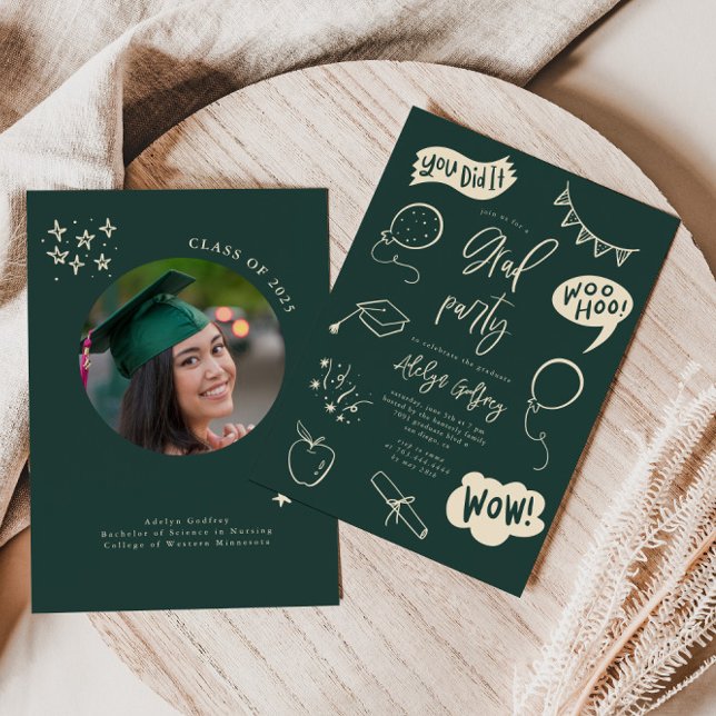 Handgezeichnete Quirky GreenGraduation-Party Einla Einladung (Von Creator hochgeladen)