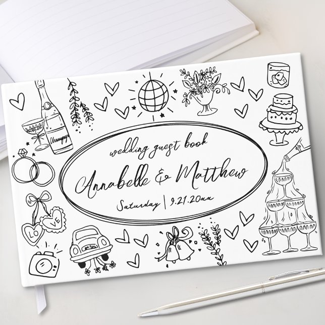 Handgezeichnete Quirky Whimsical Wedding Gästebuch (Hand Drawn Quirky Whimsical Wedding Guest Book)