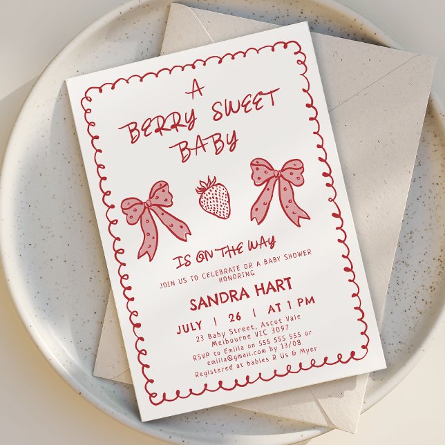 Handgezeichnete Red Strawberry Berry Sweet Baby Du Einladung (Hand Drawn Strawberry Baby Shower Invitation Template Red, Berry Baby Shower Invitation Hand Drawn )