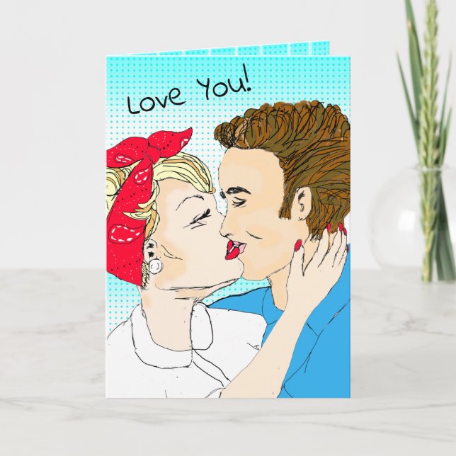 Handgezeichnete Retro Art Couple's Liebe You Karte (Vorderseite)