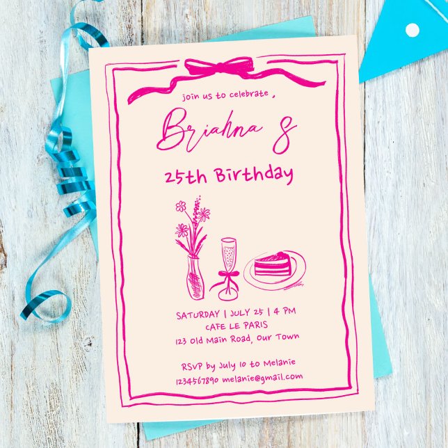 Handgezeichnete Retro-Rosa Band Erwachsene Geburts Einladung (Hand drawn retro vintage pink ribbon birthday party invitation template digital download whimsical)