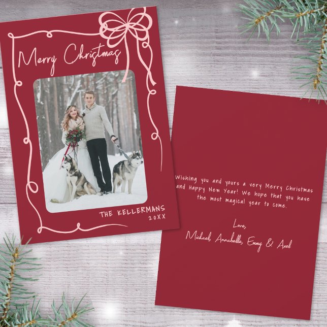 Handgezeichnete Ribbon Bow Red Retro Weihnachten (Hand Drawn Ribbon Bow Red Retro Christmas Holiday Card)