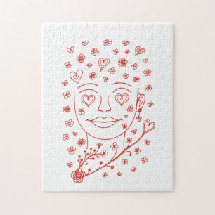 Handgezeichnete romantische Linienkunst Gesicht mi Puzzle
