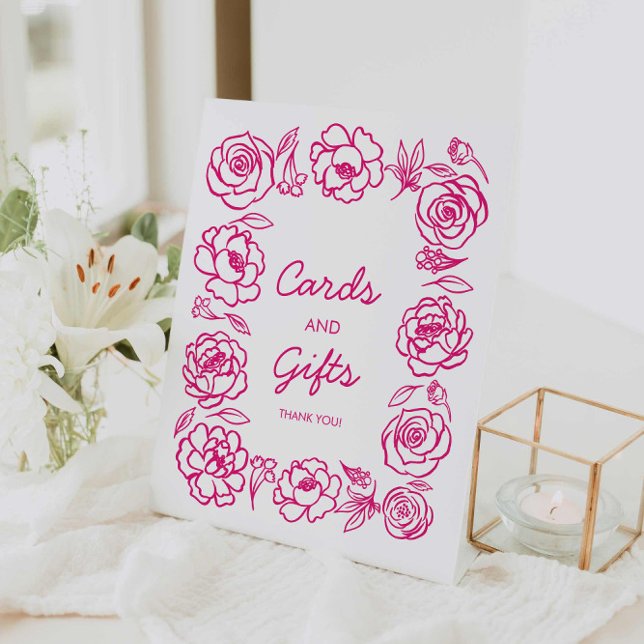 Handgezeichnete rosa Blumenkarten und Geschenke Sockelschild (Hot Pink Floral Cards and Gifts Sign)