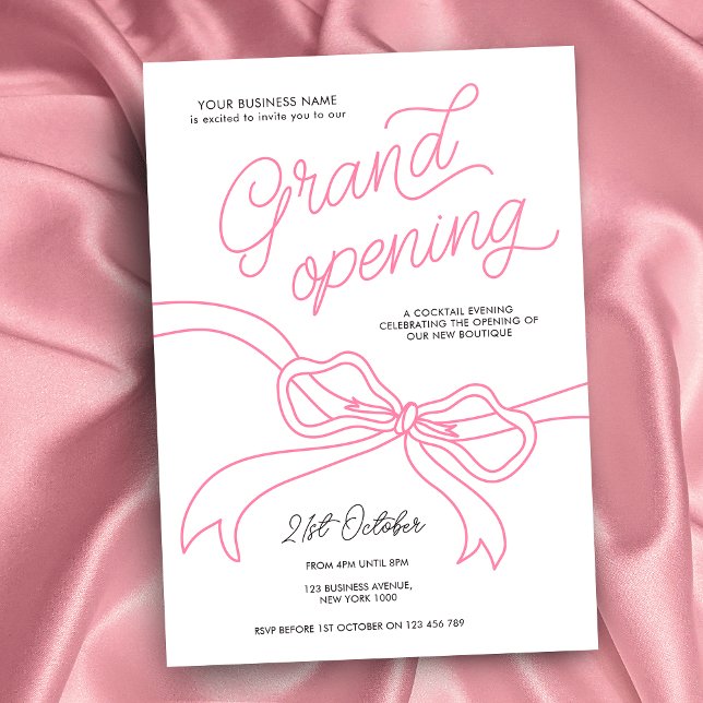 Handgezeichnete rosa Bow Einzigartiges Business Gr Einladung (Feminine blush pink and white business opening invitation with handwritten text and pink bow graphic)