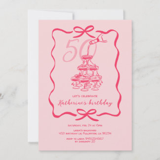 Handgezeichnete rosa Champagner-50-Geburtstagsfeie Einladung