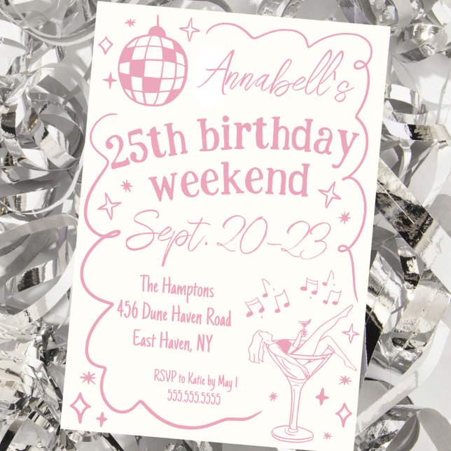 Handgezeichnete Rosa Disco Geburtstagsparty Girls  Einladung (hand drawn quirky disco party invitation birthday party pink fun girls weekend itinerary invite cute)