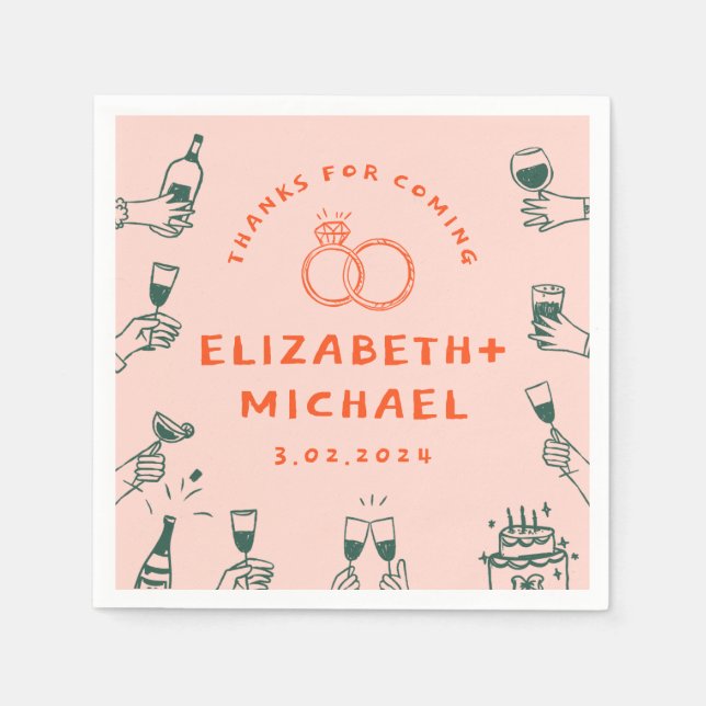 Handgezeichnete Rosa Funky Wedding Serviette (Vorderseite)