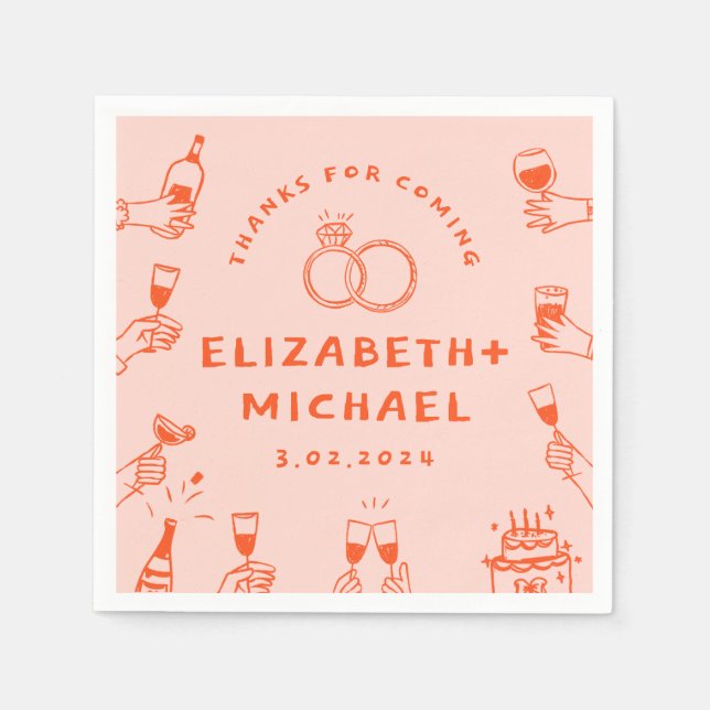 Handgezeichnete Rosa Funky Wedding Serviette (Vorderseite)