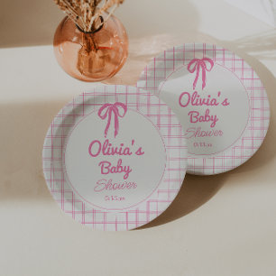 Handgezeichnete rosa Gingham-Schleife Baby-Mädchen Pappteller