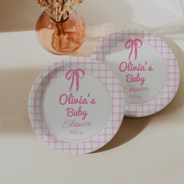 Handgezeichnete rosa Gingham-Schleife Baby-Mädchen Pappteller (Von Creator hochgeladen)