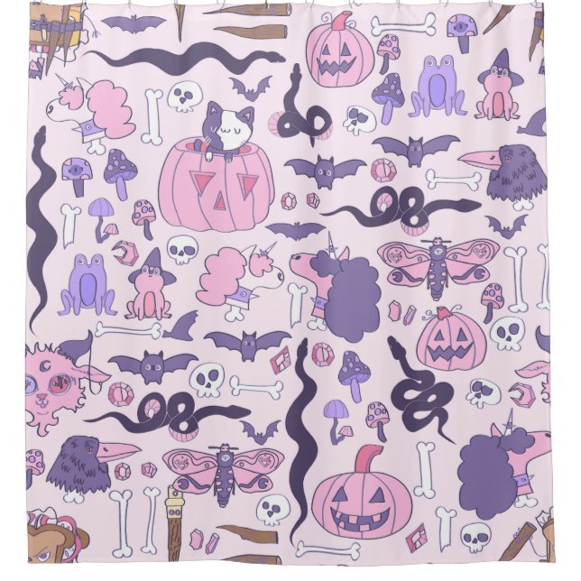 handgezeichnete rosa Halloween-Zombie-Knochen Duschvorhang (Vorderseite)