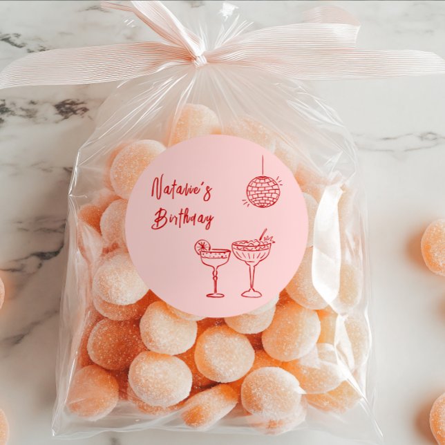 Handgezeichnete rosa rote Cocktailbrille Geburtsta Runder Aufkleber (Von Creator hochgeladen)