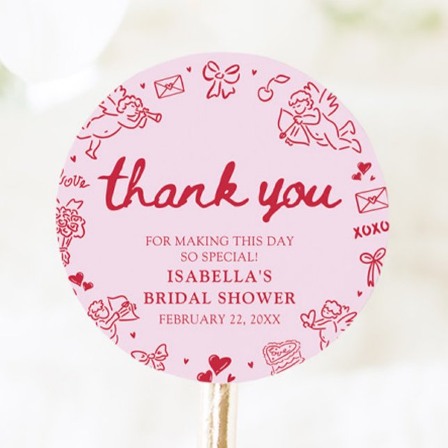 Handgezeichnete rosa rote Herzen Valentinstag Brau Runder Aufkleber (Hand Drawn Pink Red Hearts Valentine Bridal Shower Classic Round Sticker)
