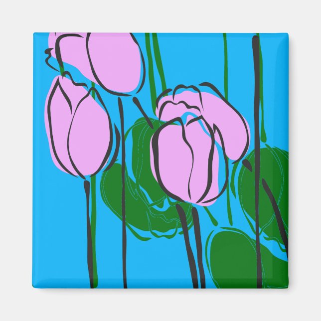 Handgezeichnete rosa Tulips auf Sky Blue Magnet (Vorne)
