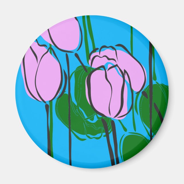 Handgezeichnete rosa Tulips auf Sky Blue Magnet (Vorne)
