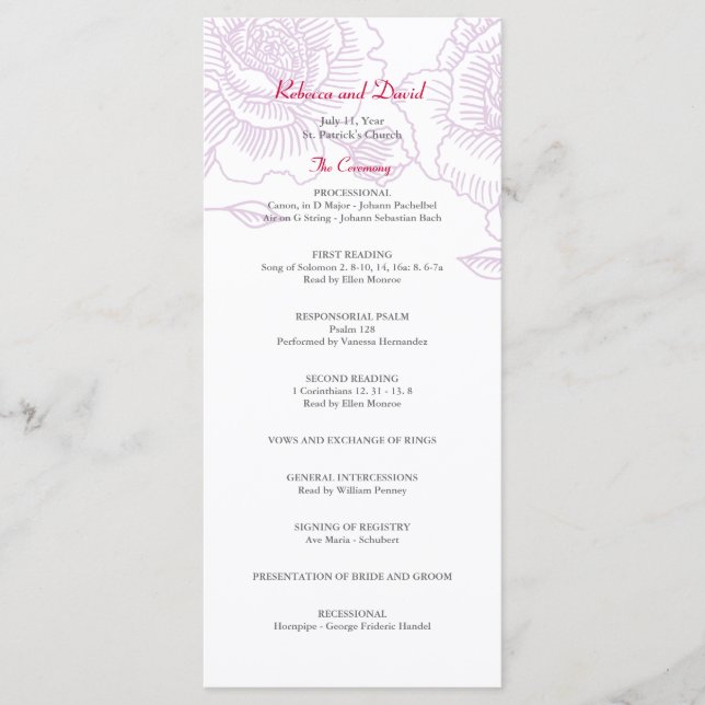 Handgezeichnete Rose Hochzeitsprogramm lila Programm (Vorderseite)