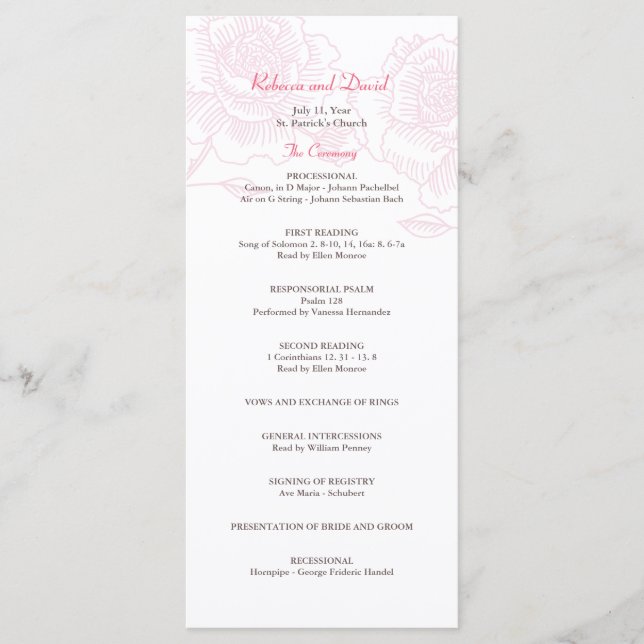 Handgezeichnete Rose Hochzeitsprogramm rosa Programm (Vorderseite)