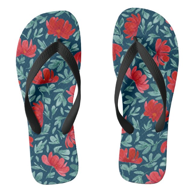 Handgezeichnete rote Blume auf blauem Hintergrund Flip Flops (Fußbett)