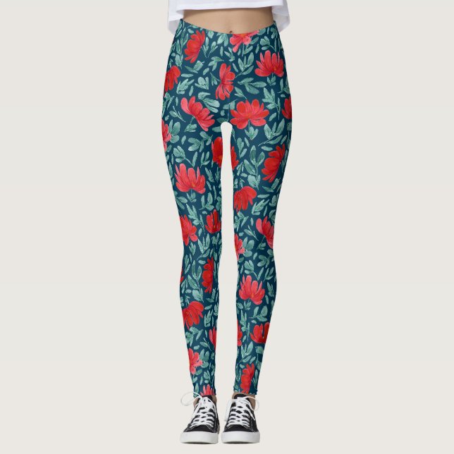 Handgezeichnete rote Blume auf blauem Untergrundta Leggings (Vorderseite)