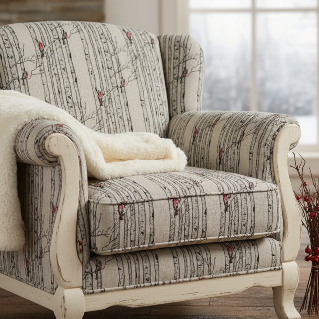 Handgezeichnete rote Kardinäle auf Birkenbranchen Stoff (Elegant Winter Forest Pattern Fabric in Natural Linen. Red Cardinal Birds in Birch Pine Trees.)