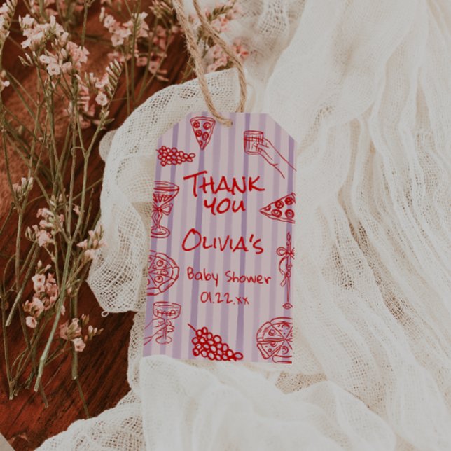 Handgezeichnete rote Pizza Ciao Lila Babydusche Geschenkanhänger (Von Creator hochgeladen)