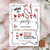 Handgezeichnete Rotwein- und Nudelparty zum Erwach