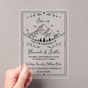 Handgezeichnete Rustic Mountain Star Hochzeit Acryleinladungen