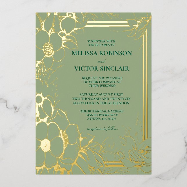 Handgezeichnete Sage Grüne Hochzeit Folieneinladung (Vorderseite)