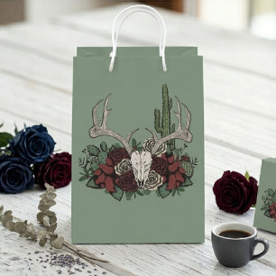 Handgezeichnete Salbeigrüne Dunkle Florale Rentier Mittlere Geschenktüte