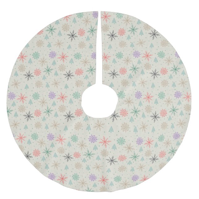 Handgezeichnete Schneeflocken Weihnachtsbäume Mult Polyester Weihnachtsbaumdecke (Vorderseite)