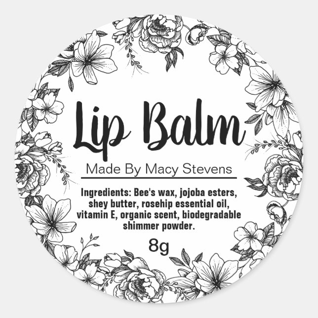 Handgezeichnete Schwarz-weiße Blume Lip Balm Pot L Runder Aufkleber (Vorderseite)