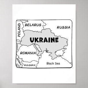 Handgezeichnete Schwarzlinienkarte der Ukraine und Poster