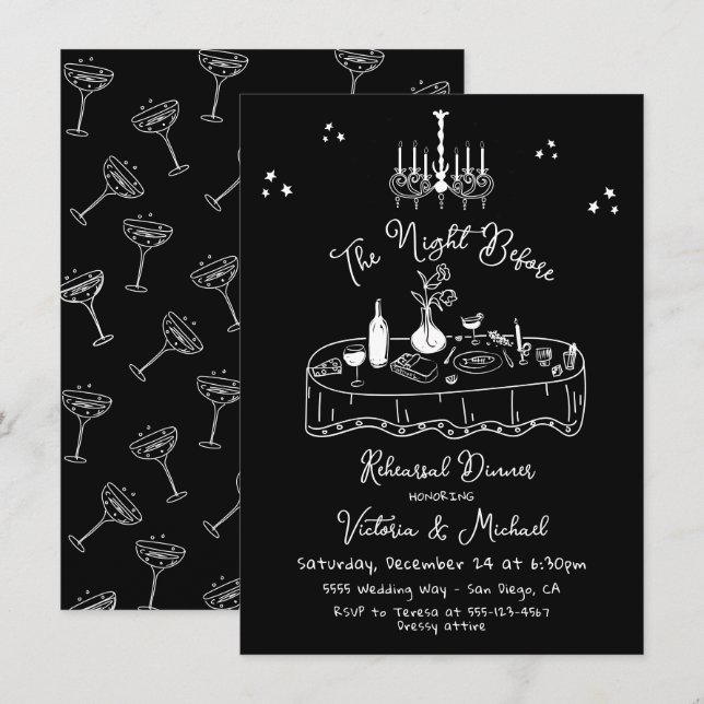 Handgezeichnete Skizze Night Before Probe Dinner Einladung (Vorne/Hinten)