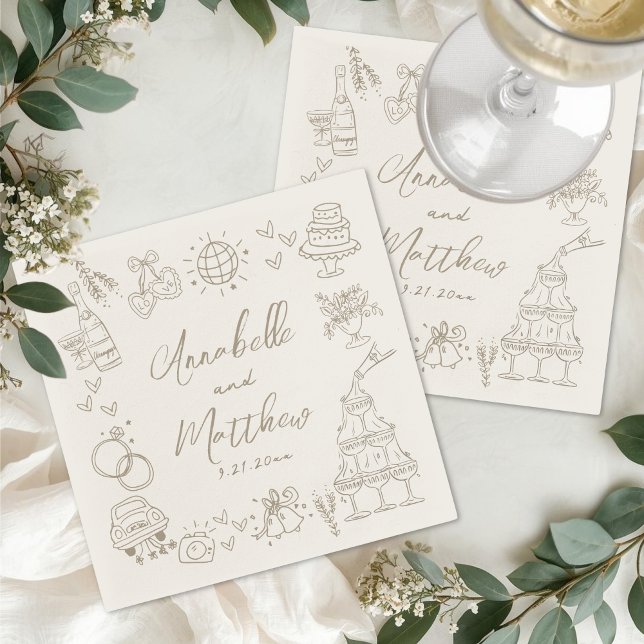 Handgezeichnete skurrile Hochzeit Serviette (Hand Drawn Whimsical Wedding Napkins )