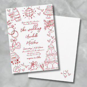 Handgezeichnete Skurrile Rote Whimsical Hochzeit Einladung