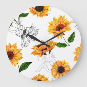 Handgezeichnete Sonnenblumen: lebendiges gelbes Mu Große Wanduhr