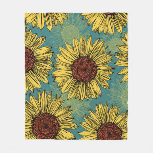 Handgezeichnete Sonnenblumen Mint Blau Fleecedecke
