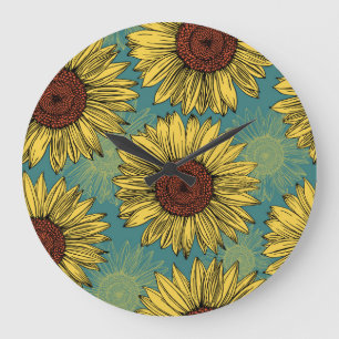 Handgezeichnete Sonnenblumen Mint Blau Große Wanduhr