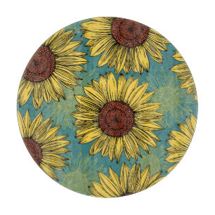 Handgezeichnete Sonnenblumen Mint Blau Schneidebrett
