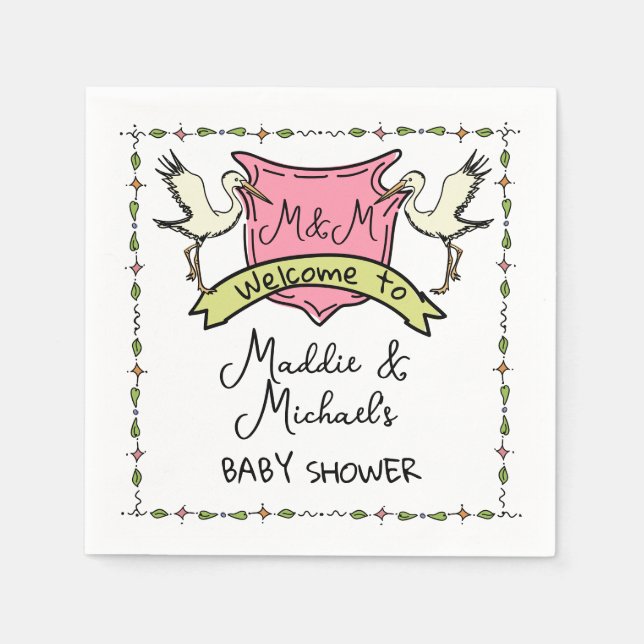 Handgezeichnete Stork Wappen Babydusche Serviette (Vorderseite)