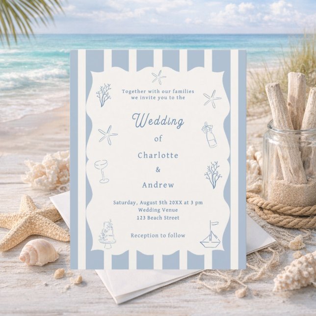 Handgezeichnete Strandblaue Elfenbeinhochzeitseinl (Von Creator hochgeladen)