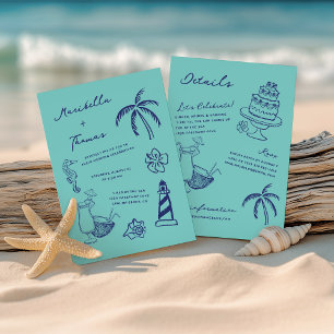 Handgezeichnete Stranddoodles in einer Hochzeit Einladung