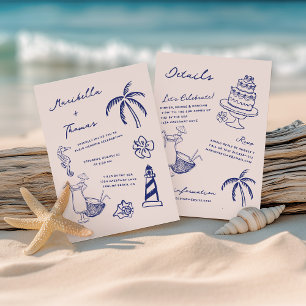 Handgezeichnete Stranddoodles in einer Hochzeit Einladung