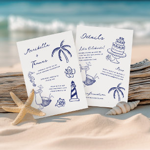 Handgezeichnete Stranddoodles in einer Hochzeit Einladung