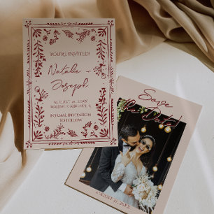 Handgezeichnete tiefrote Blumengarten-Foto-Hochzei Save The Date