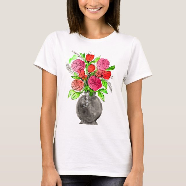 Handgezeichnete Tinte Doodle Rosa und Rote Wasserf T-Shirt (Vorderseite)