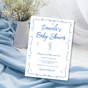 Handgezeichnete Trendy Blue Flowers Baby Boy Dusch Einladung